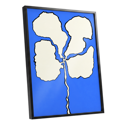 Cobalt Bloom, blue, beige, black floral wall art shown as a black framed poster wall art print