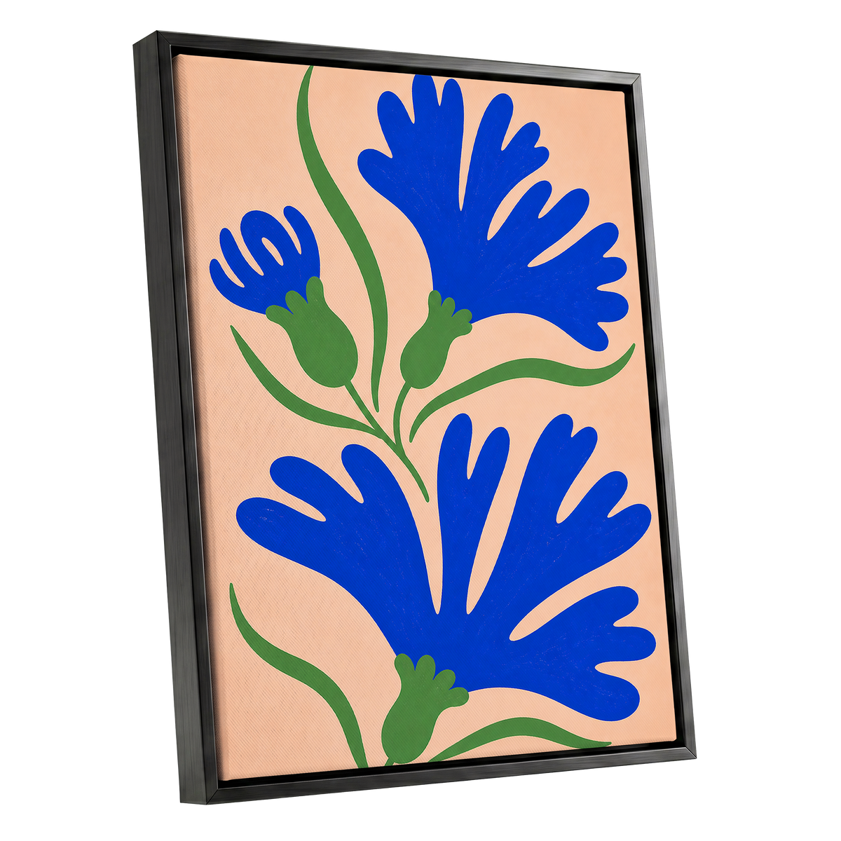 Cobalt Bloom Dance, blue, green, orange floral wall art shown as a black framed canvas wall art