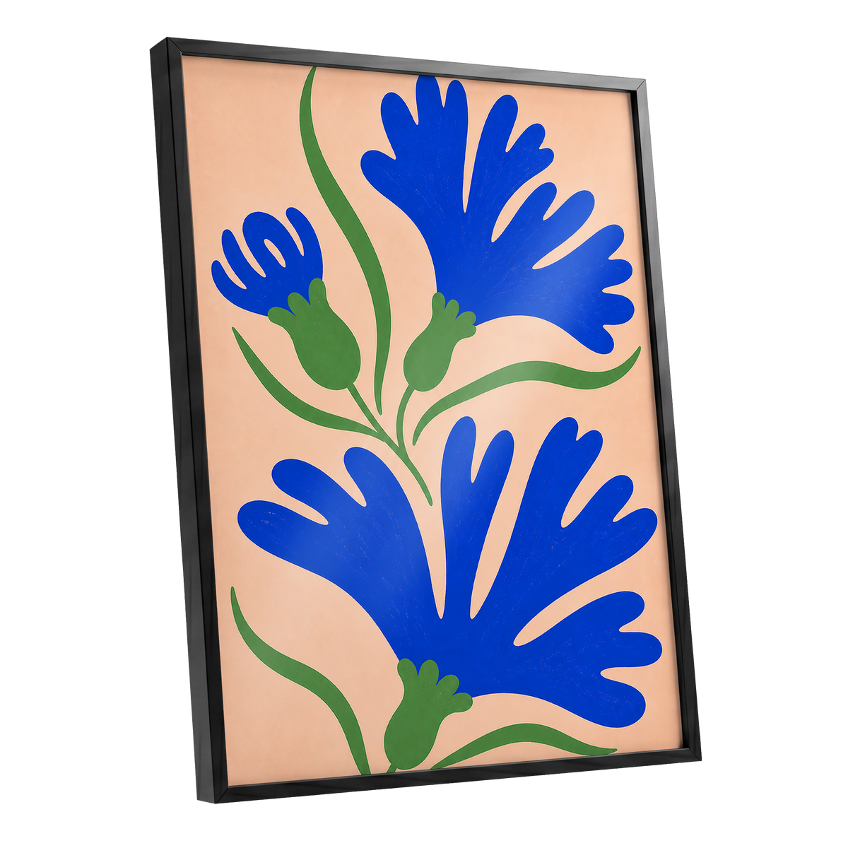 Cobalt Bloom Dance, blue, green, orange floral wall art shown as a black framed poster wall art print
