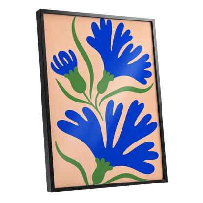 Cobalt Bloom Dance, blue, green, orange floral wall art shown as a black framed poster wall art print