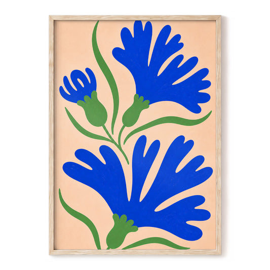 Cobalt Bloom Dance, blue, green, orange floral wall art, front artwork view