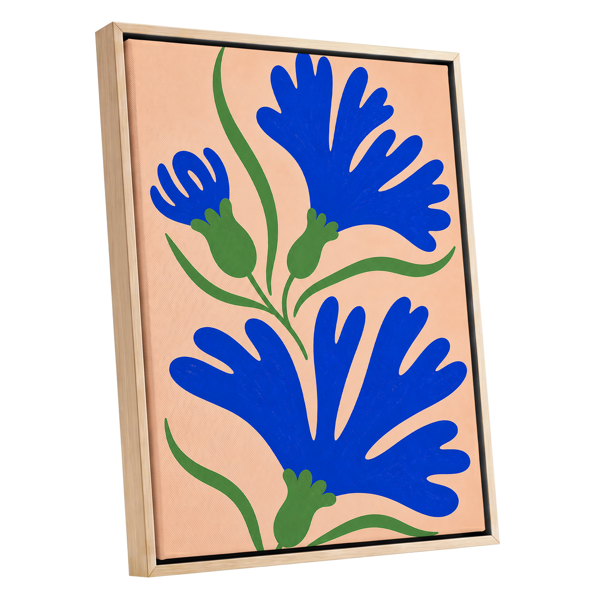 Cobalt Bloom Dance, blue, green, orange floral wall art shown as a oak framed canvas wall art