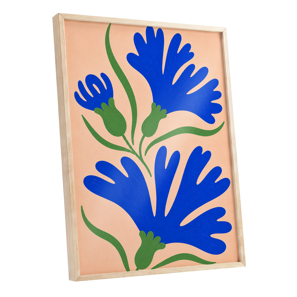 Cobalt Bloom Dance, blue, green, orange floral wall art shown as a oak framed poster wall art print
