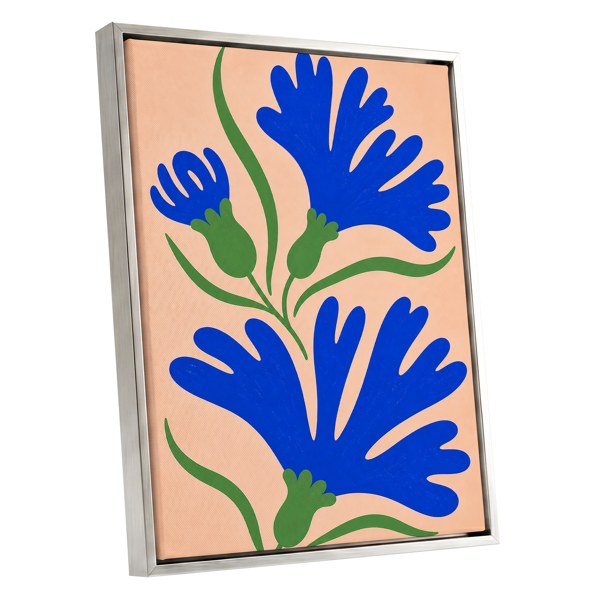 Cobalt Bloom Dance, blue, green, orange floral wall art shown as a silver framed canvas wall art