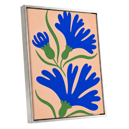 Cobalt Bloom Dance, blue, green, orange floral wall art shown as a silver framed canvas wall art