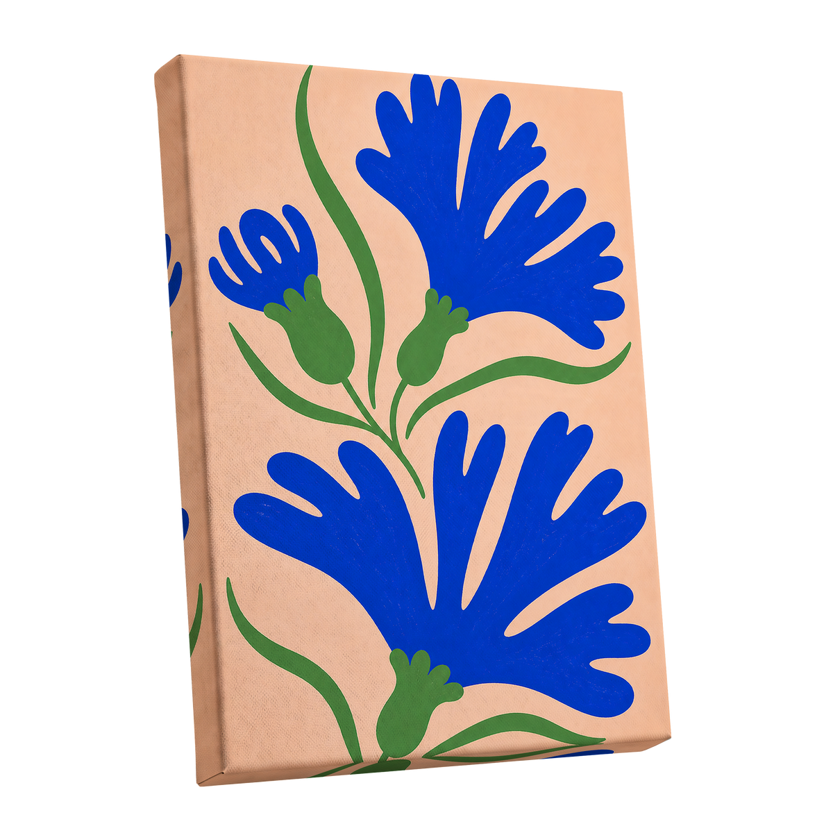 Cobalt Bloom Dance, blue, green, orange floral wall art shown as a stretched canvas wall art