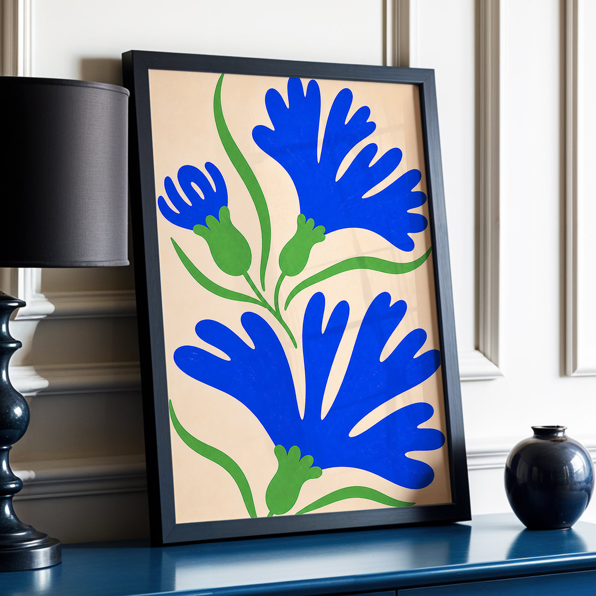 Cobalt Bloom Dance, blue, green, orange floral wall art displayed in a styled interior, gallery view 2