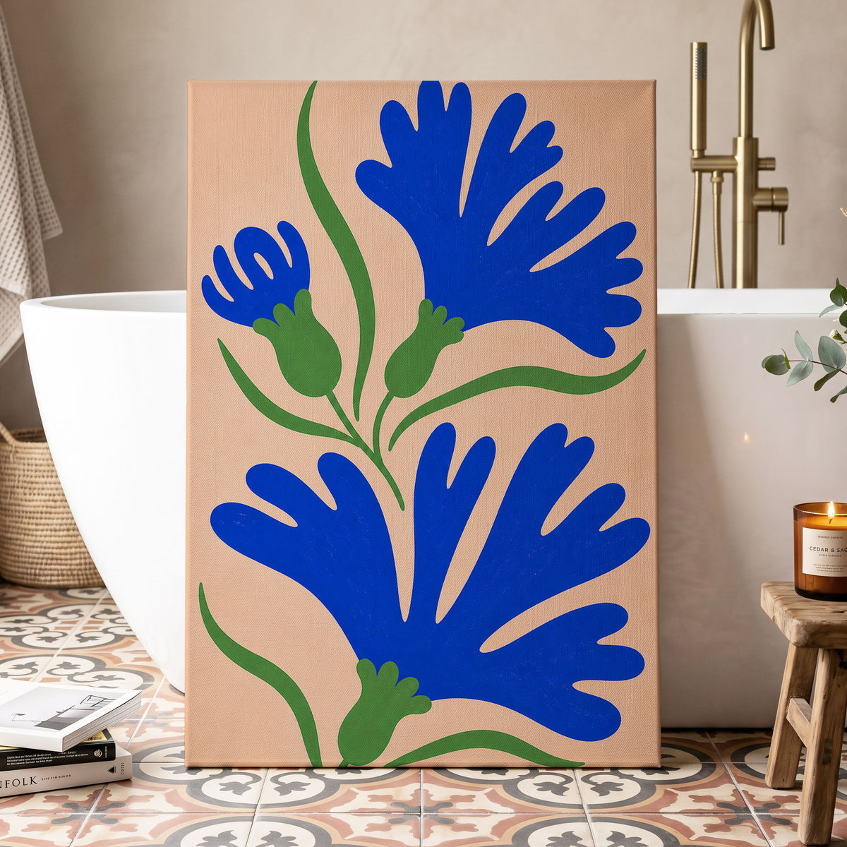 Cobalt Bloom Dance, blue, green, orange floral wall art displayed in a styled interior, gallery view 3