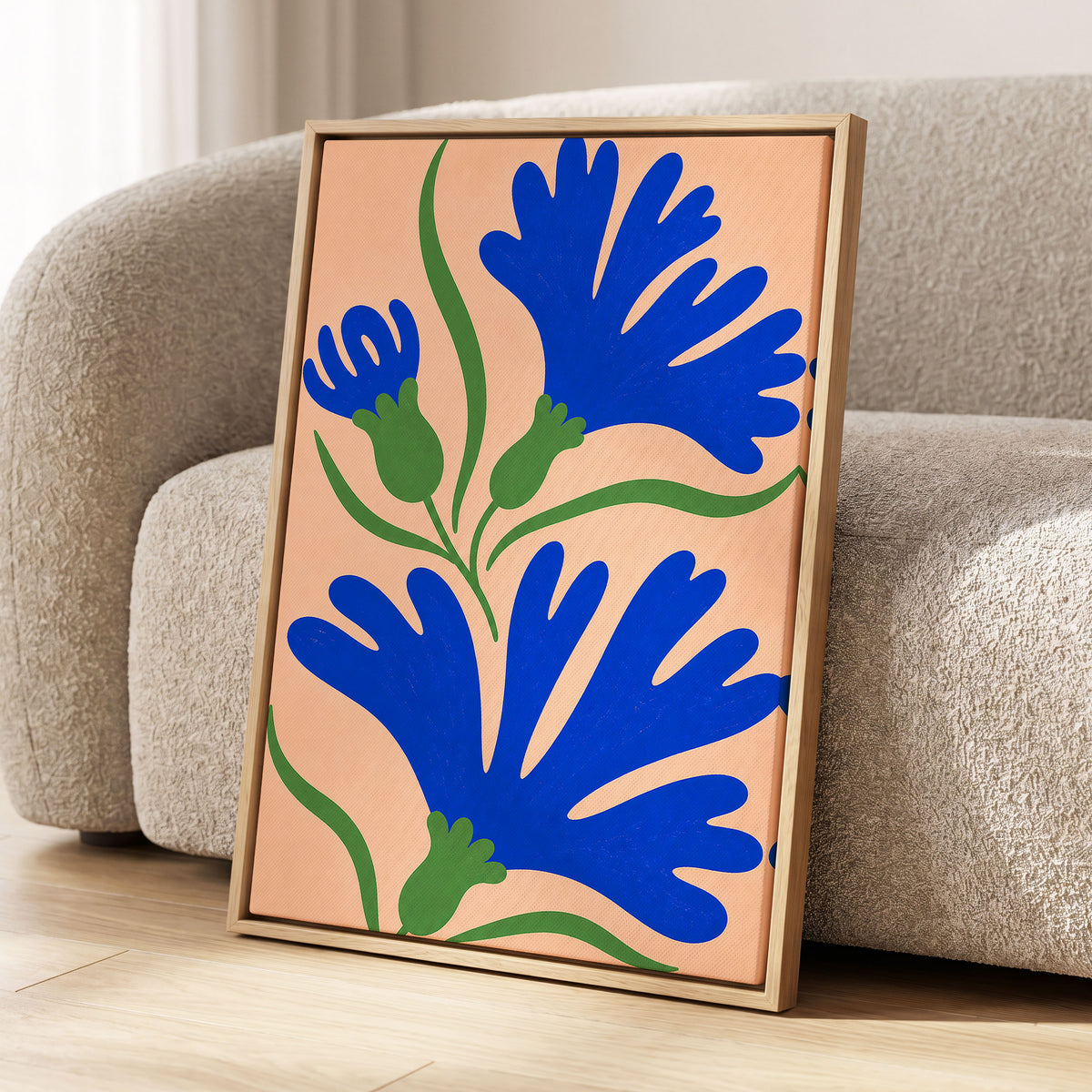 Cobalt Bloom Dance, blue, green, orange floral wall art displayed in a styled interior, gallery view 4