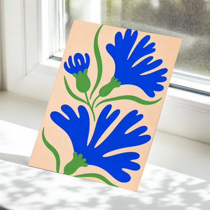 Cobalt Bloom Dance, blue, green, orange floral wall art displayed in a styled interior, gallery view 5