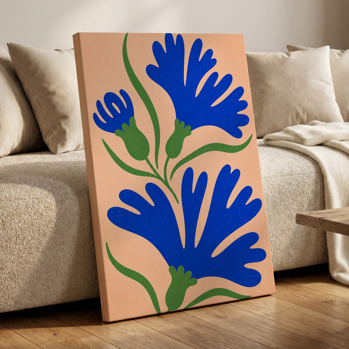 Cobalt Bloom Dance, blue, green, orange floral wall art displayed in a styled interior, gallery view 7