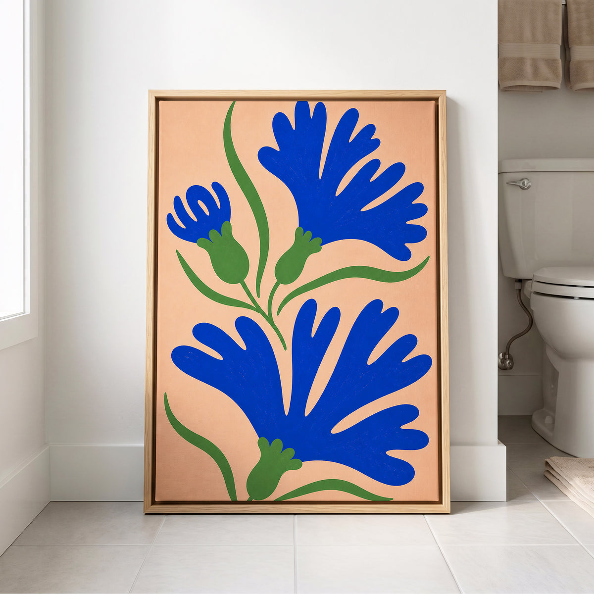 Cobalt Bloom Dance, blue, green, orange floral wall art displayed in a styled interior, gallery view 8