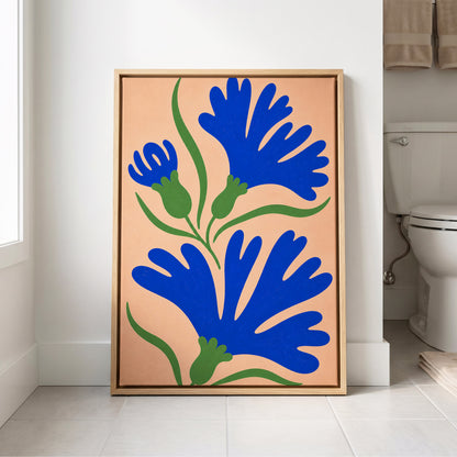 Cobalt Bloom Dance, blue, green, orange floral wall art displayed in a styled interior, gallery view 8