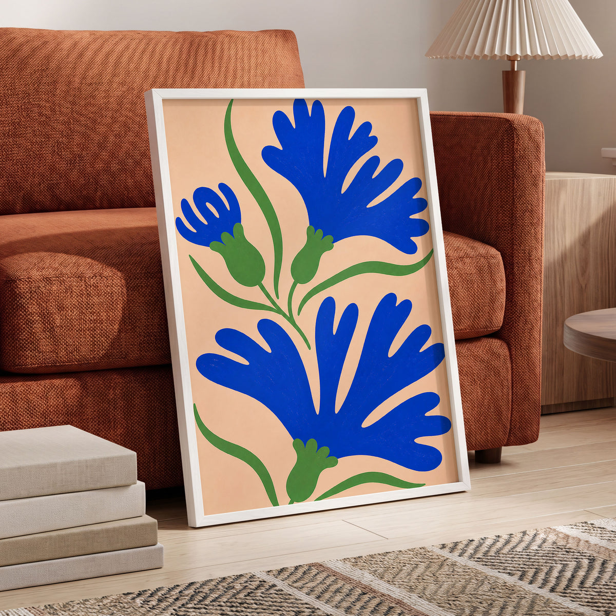Cobalt Bloom Dance, blue, green, orange floral wall art displayed in a styled interior, gallery view 9