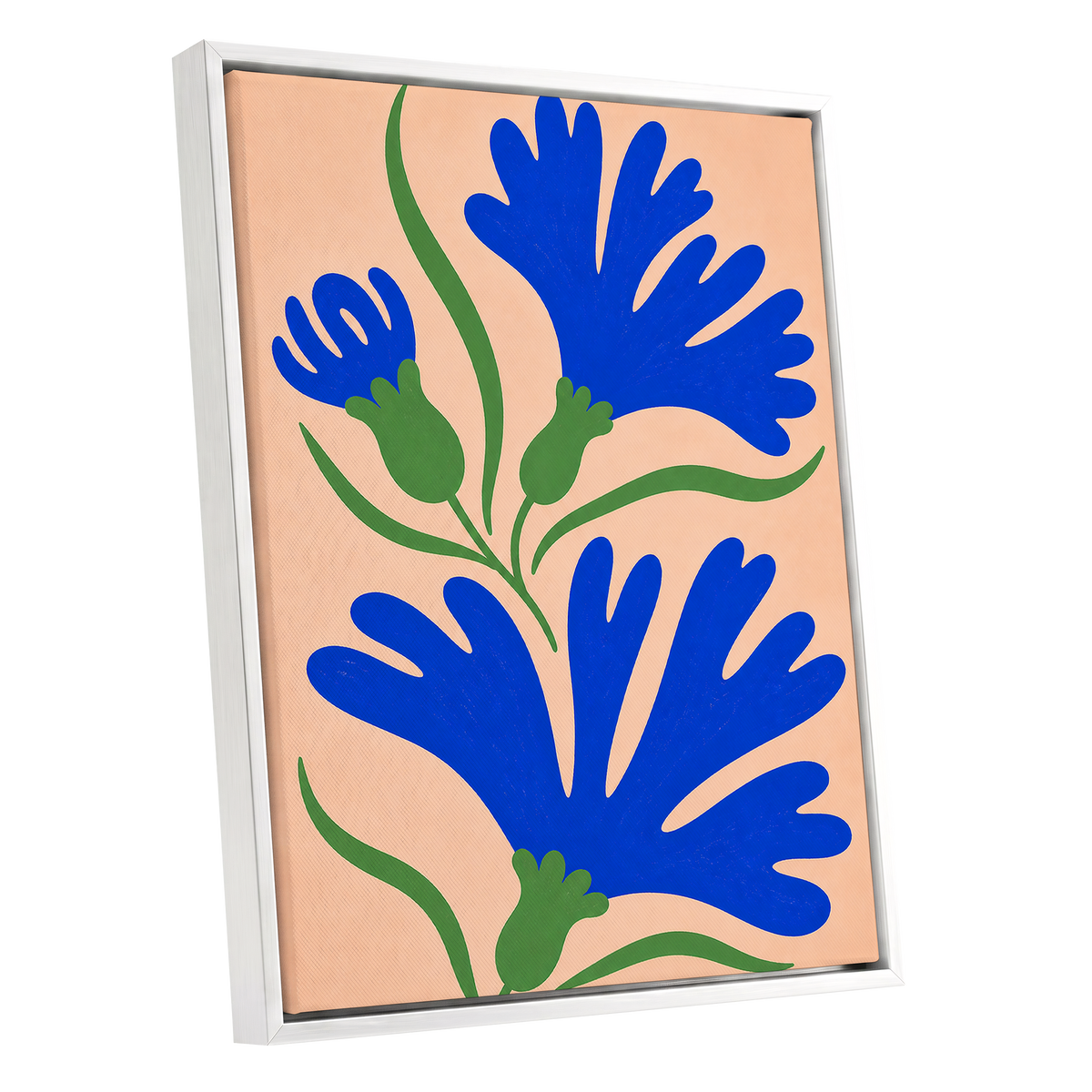 Cobalt Bloom Dance, blue, green, orange floral wall art shown as a white framed canvas wall art