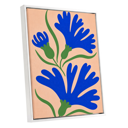 Cobalt Bloom Dance, blue, green, orange floral wall art shown as a white framed canvas wall art