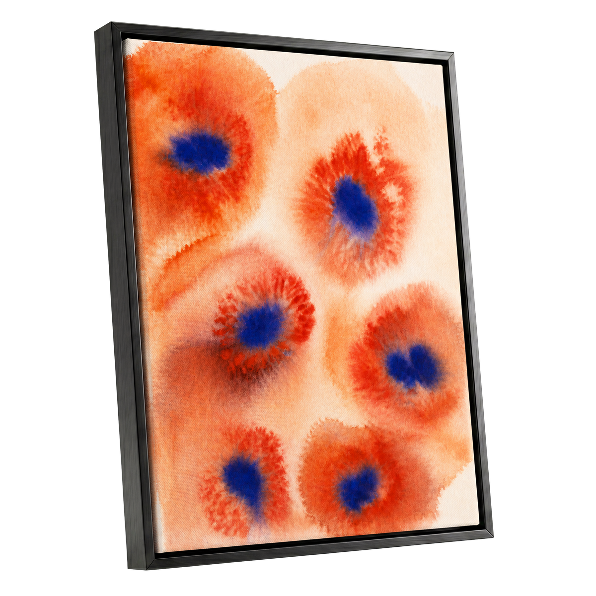 Cobalt Bloom Drift, orange, red, blue floral wall art shown as a black framed canvas wall art