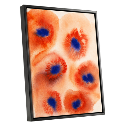 Cobalt Bloom Drift, orange, red, blue floral wall art shown as a black framed canvas wall art