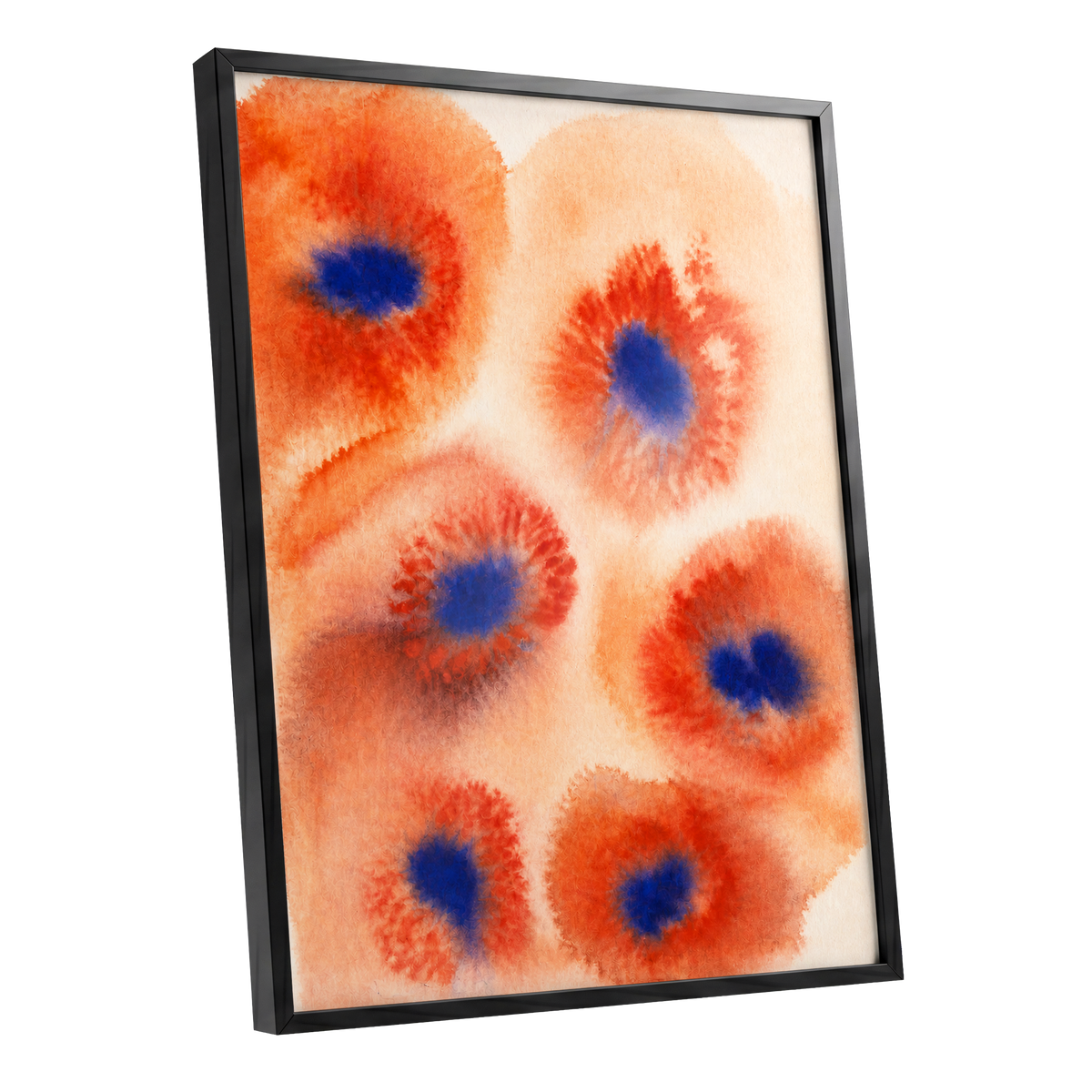 Cobalt Bloom Drift, orange, red, blue floral wall art shown as a black framed poster wall art print