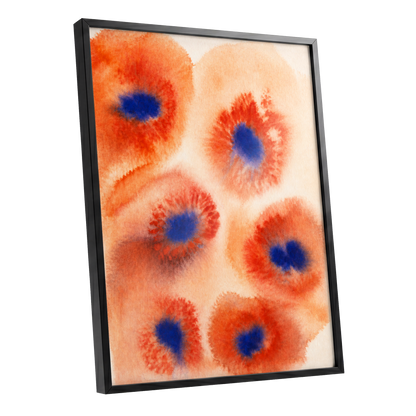 Cobalt Bloom Drift, orange, red, blue floral wall art shown as a black framed poster wall art print