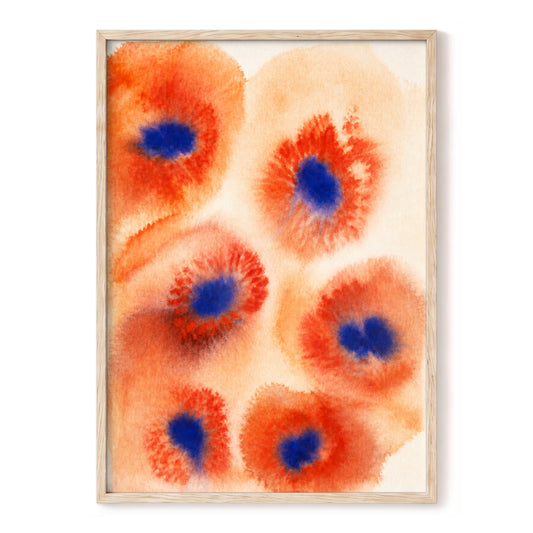 Cobalt Bloom Drift, orange, red, blue floral wall art, front artwork view