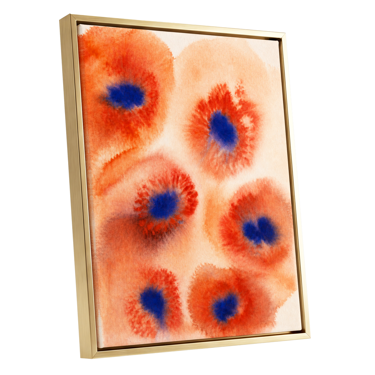 Cobalt Bloom Drift, orange, red, blue floral wall art shown as a gold framed canvas wall art