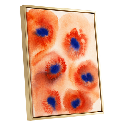 Cobalt Bloom Drift, orange, red, blue floral wall art shown as a gold framed canvas wall art