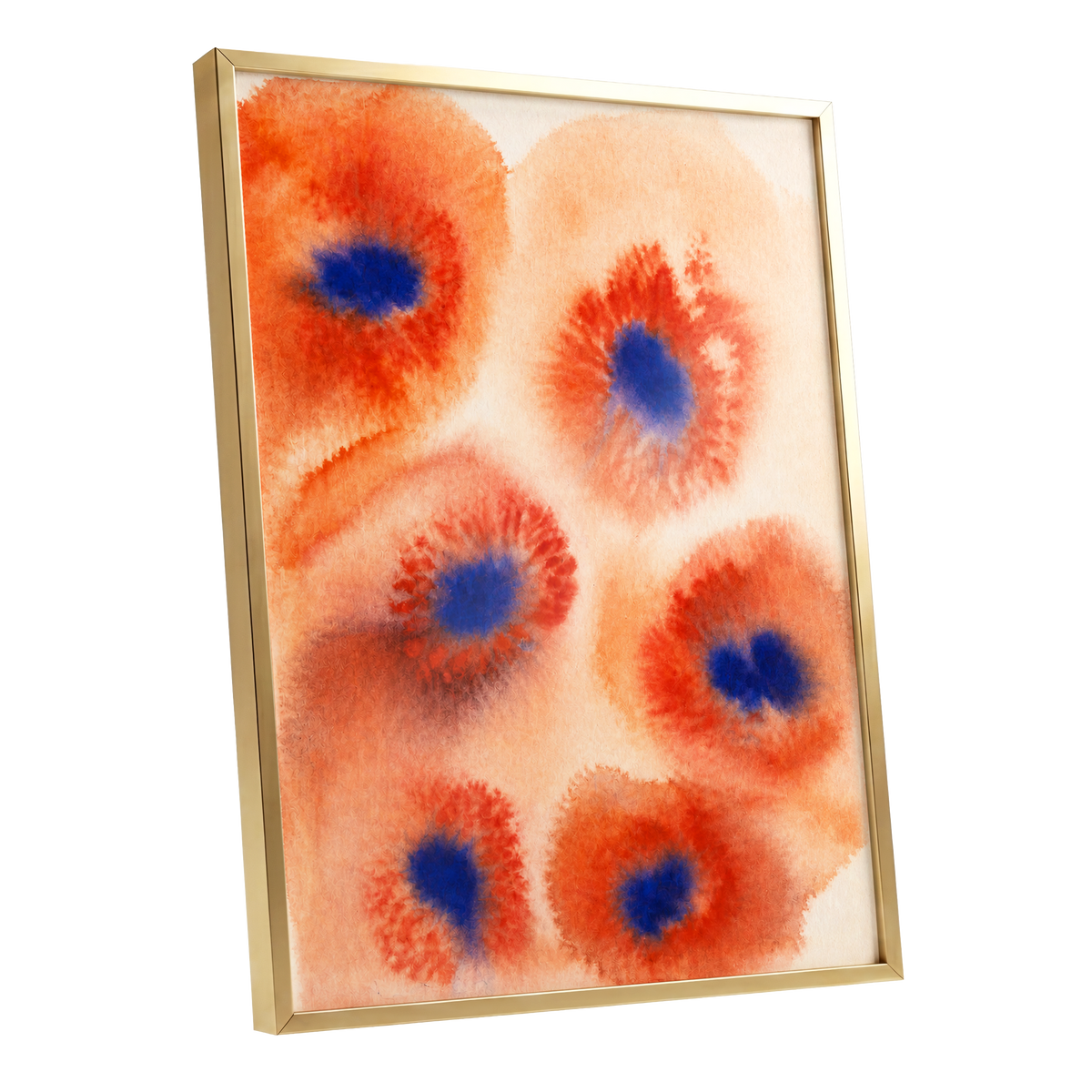 Cobalt Bloom Drift, orange, red, blue floral wall art shown as a gold framed poster wall art print