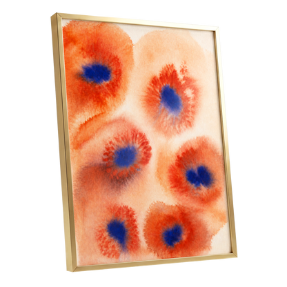 Cobalt Bloom Drift, orange, red, blue floral wall art shown as a gold framed poster wall art print