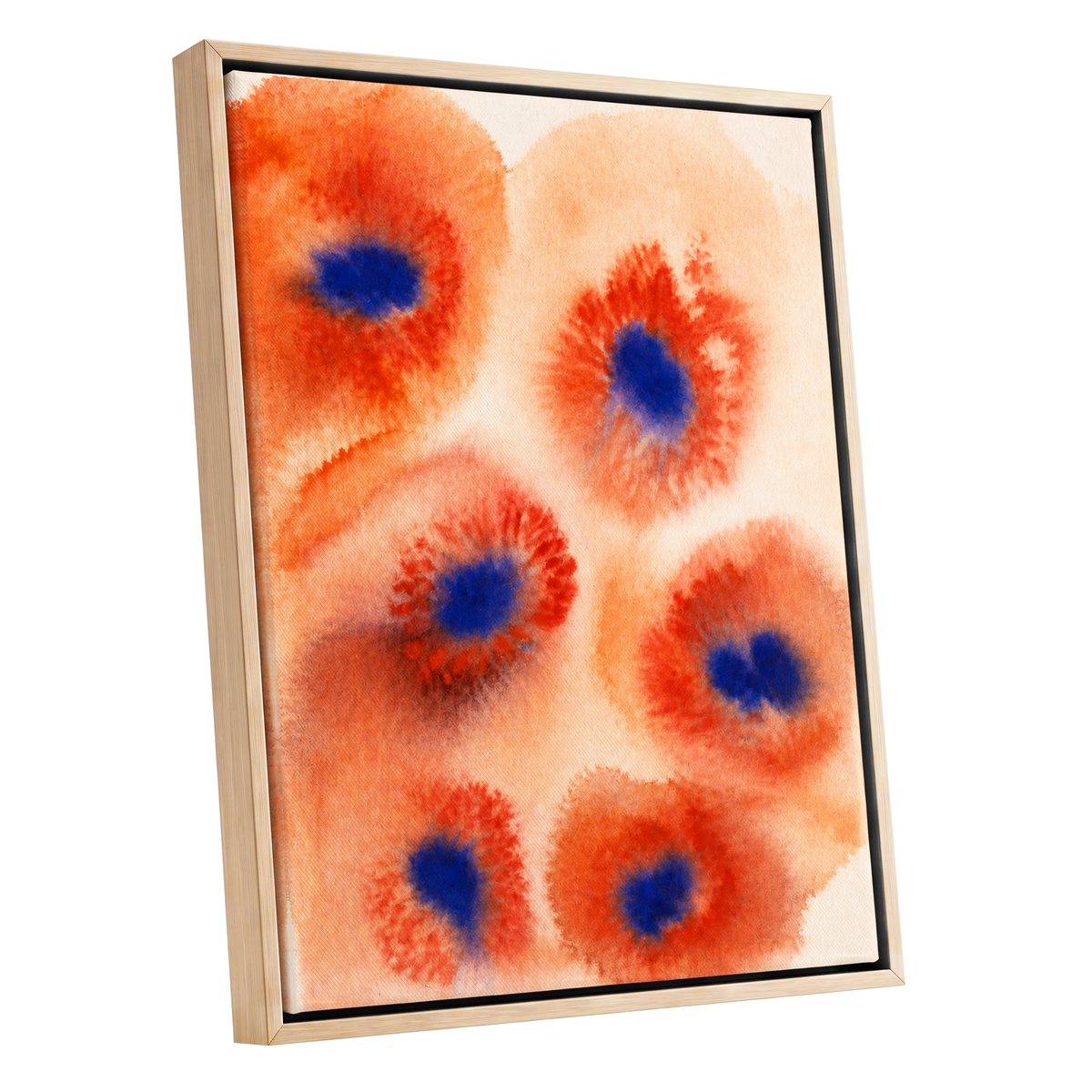 Cobalt Bloom Drift, orange, red, blue floral wall art shown as a oak framed canvas wall art