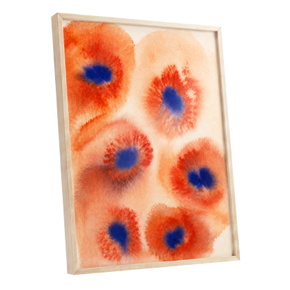 Cobalt Bloom Drift, orange, red, blue floral wall art shown as a oak framed poster wall art print