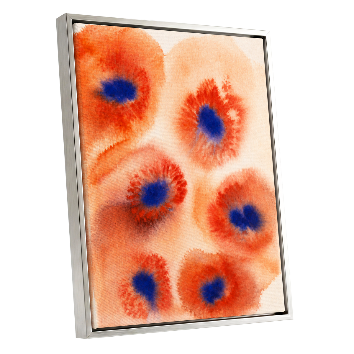Cobalt Bloom Drift, orange, red, blue floral wall art shown as a silver framed canvas wall art