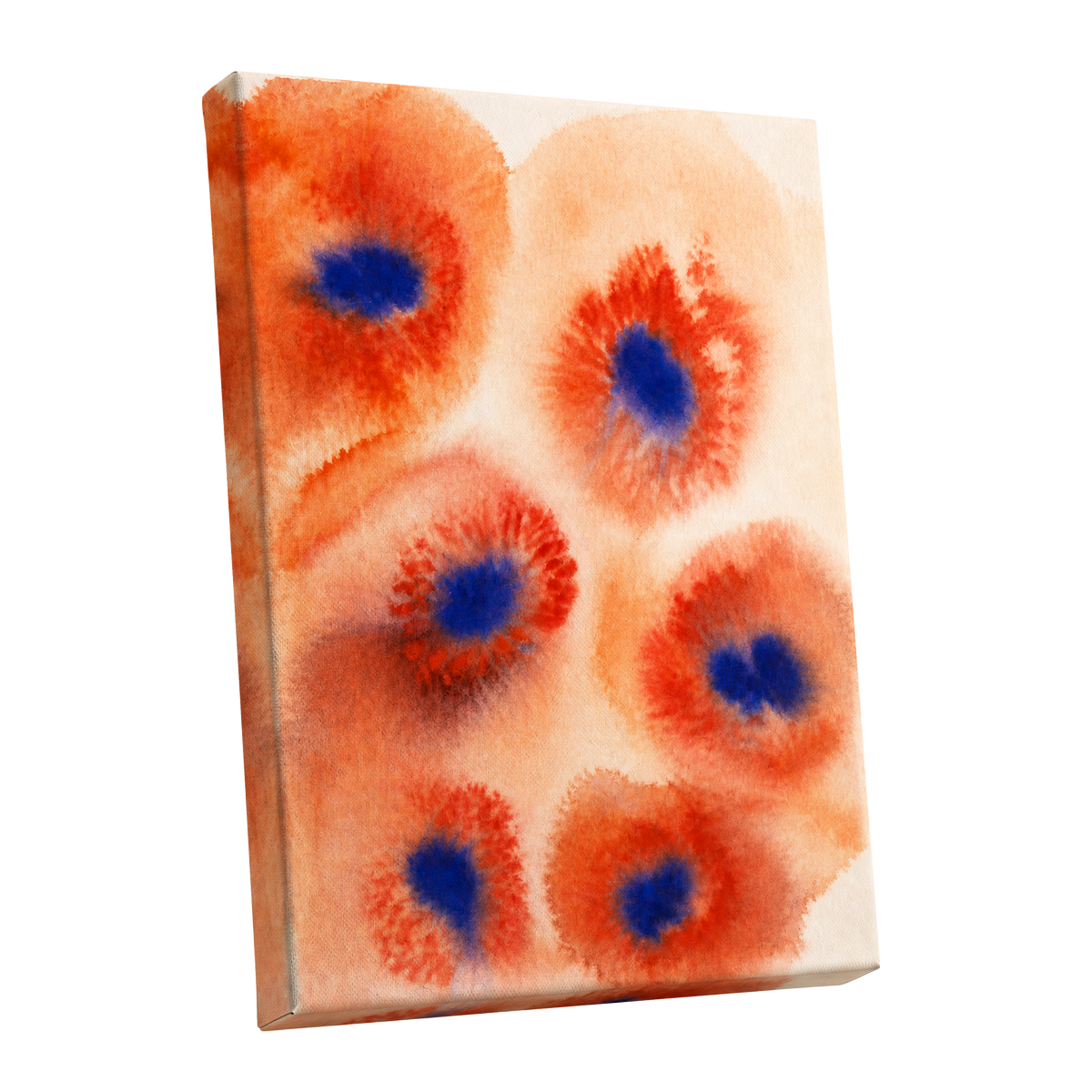 Cobalt Bloom Drift, orange, red, blue floral wall art shown as a stretched canvas wall art
