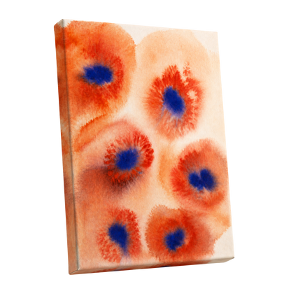 Cobalt Bloom Drift, orange, red, blue floral wall art shown as a stretched canvas wall art