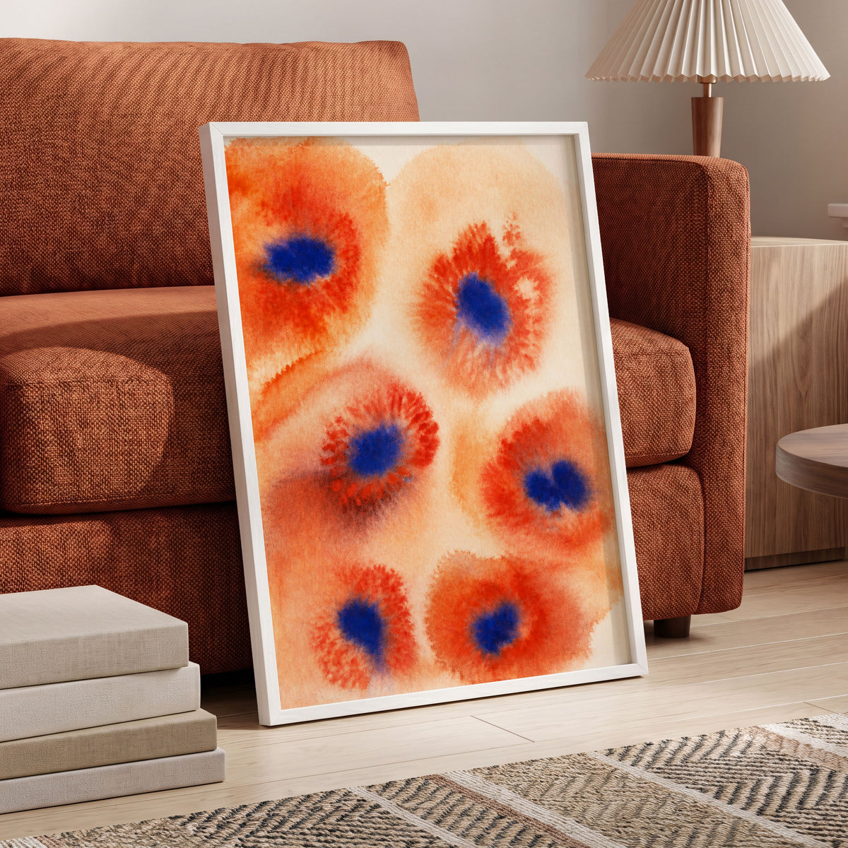 Cobalt Bloom Drift, orange, red, blue floral wall art displayed in a styled interior, gallery view 2