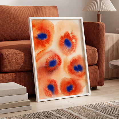Cobalt Bloom Drift, orange, red, blue floral wall art displayed in a styled interior, gallery view 2