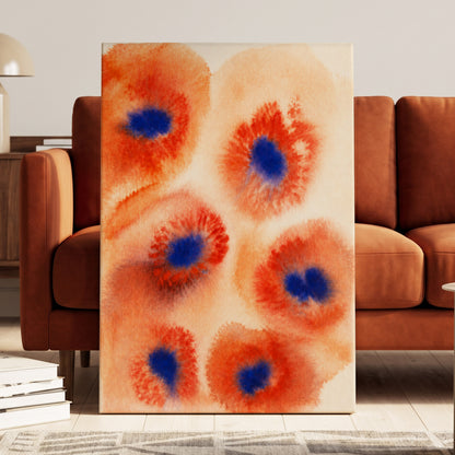 Cobalt Bloom Drift, orange, red, blue floral wall art displayed in a styled interior, gallery view 3