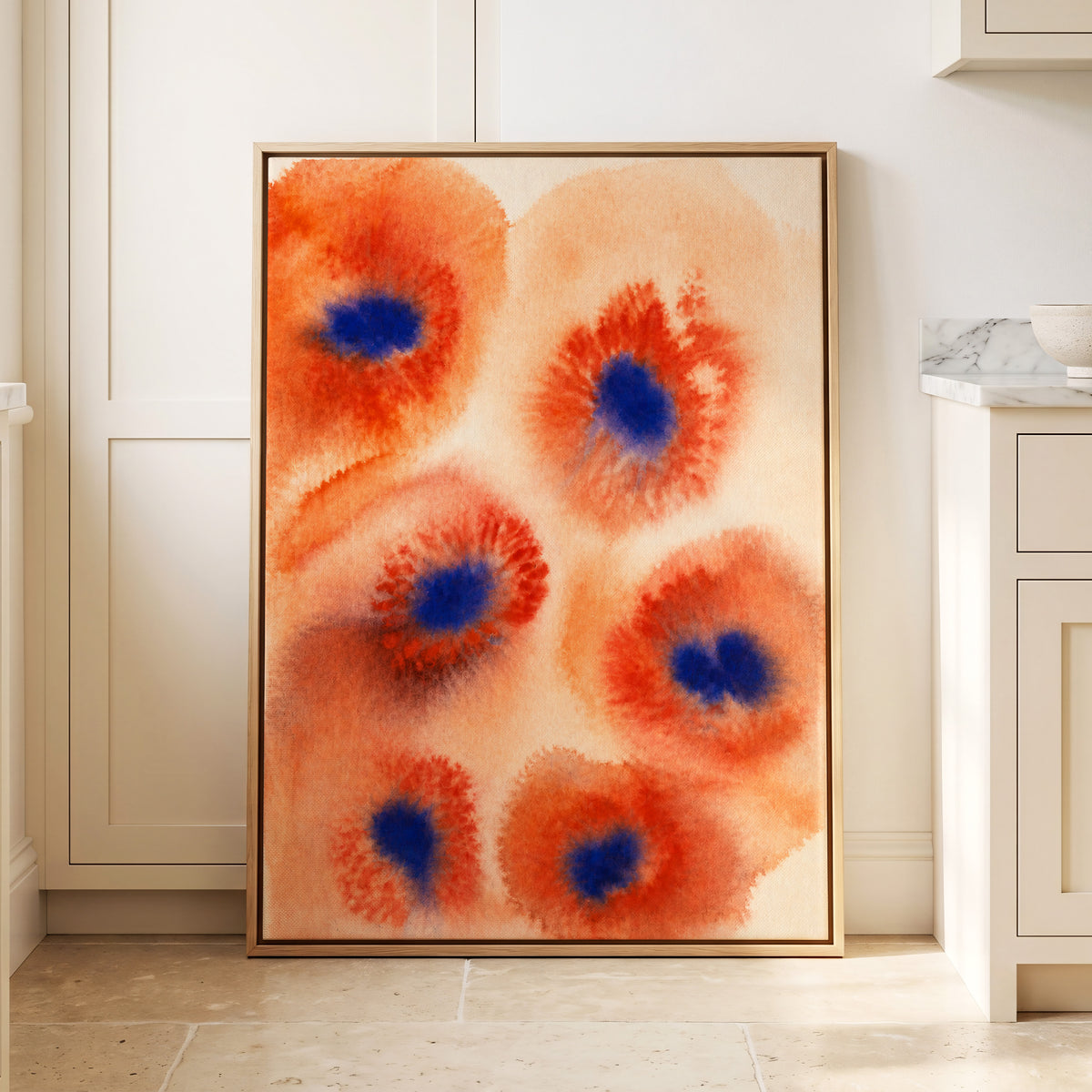Cobalt Bloom Drift, orange, red, blue floral wall art displayed in a styled interior, gallery view 4