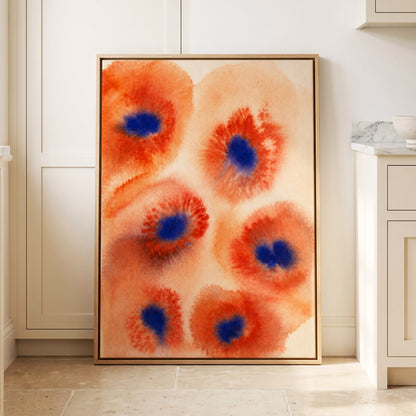Cobalt Bloom Drift, orange, red, blue floral wall art displayed in a styled interior, gallery view 4