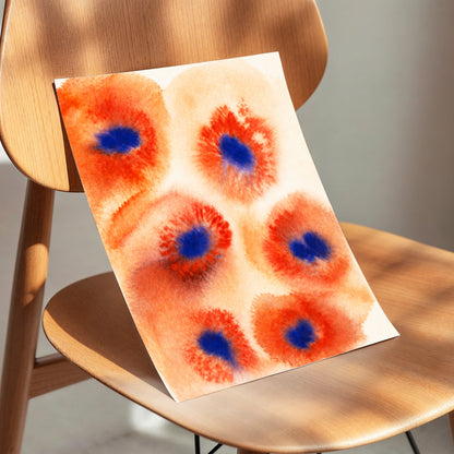 Cobalt Bloom Drift, orange, red, blue floral wall art displayed in a styled interior, gallery view 5