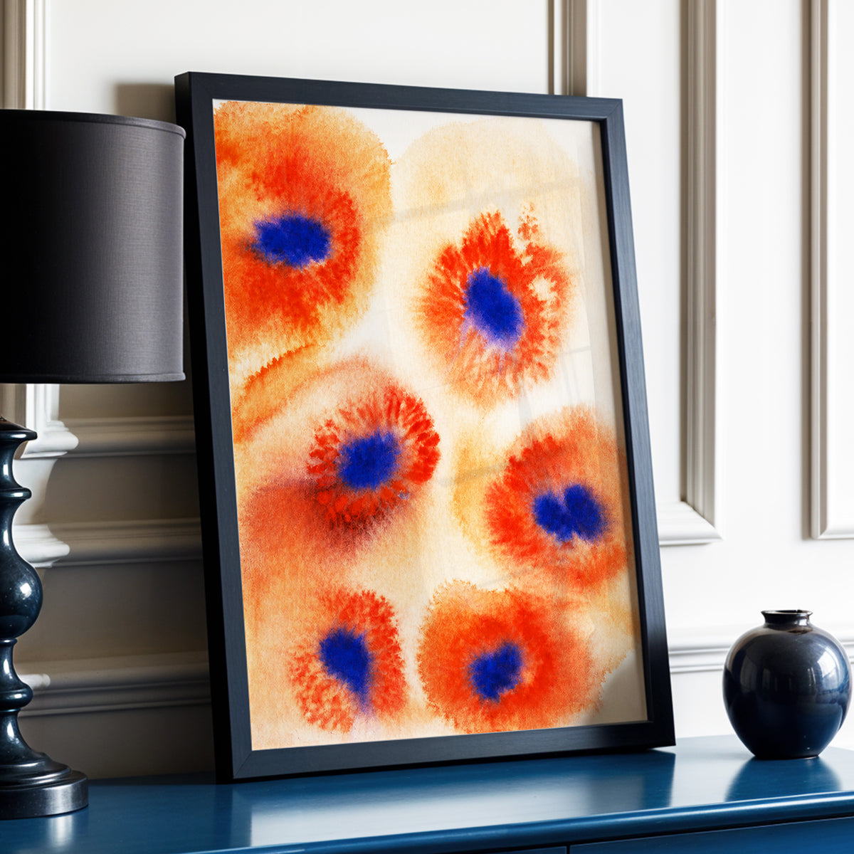 Cobalt Bloom Drift, orange, red, blue floral wall art displayed in a styled interior, gallery view 6