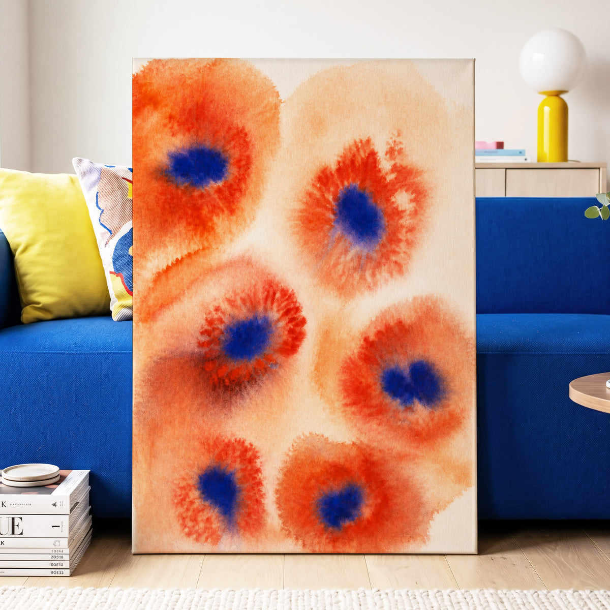 Cobalt Bloom Drift, orange, red, blue floral wall art displayed in a styled interior, gallery view 7