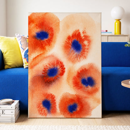 Cobalt Bloom Drift, orange, red, blue floral wall art displayed in a styled interior, gallery view 7