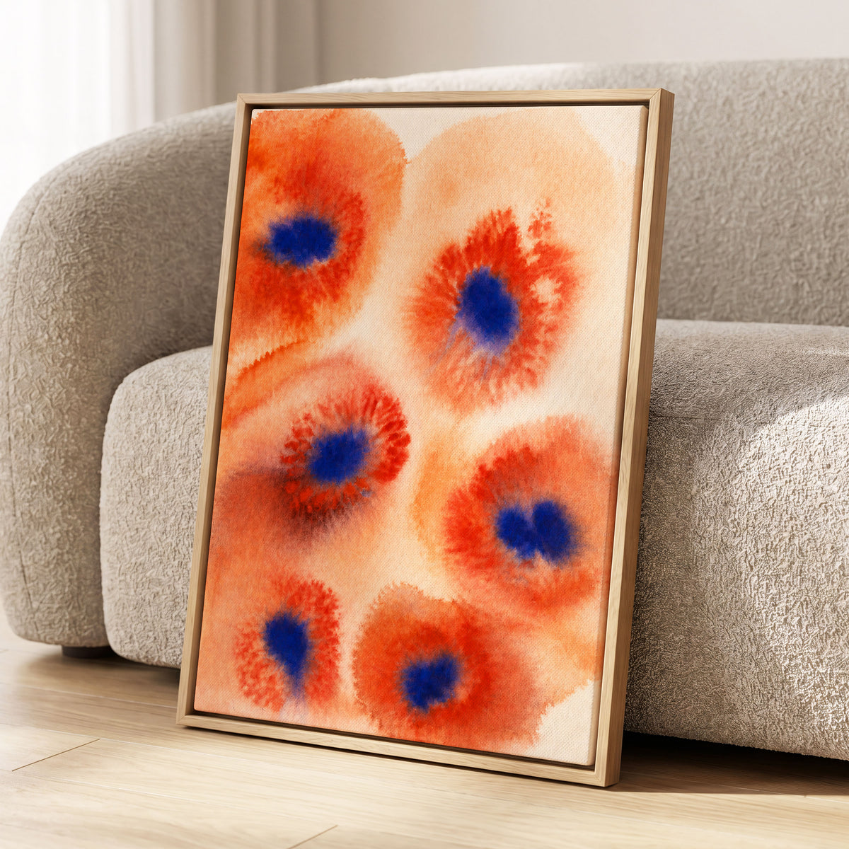 Cobalt Bloom Drift, orange, red, blue floral wall art displayed in a styled interior, gallery view 8
