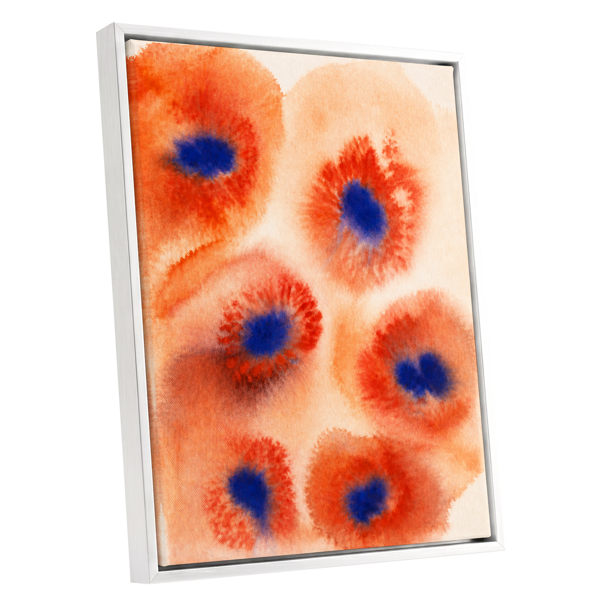 Cobalt Bloom Drift, orange, red, blue floral wall art shown as a white framed canvas wall art