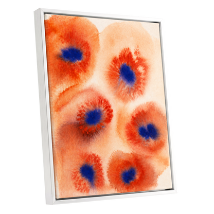 Cobalt Bloom Drift, orange, red, blue floral wall art shown as a white framed canvas wall art