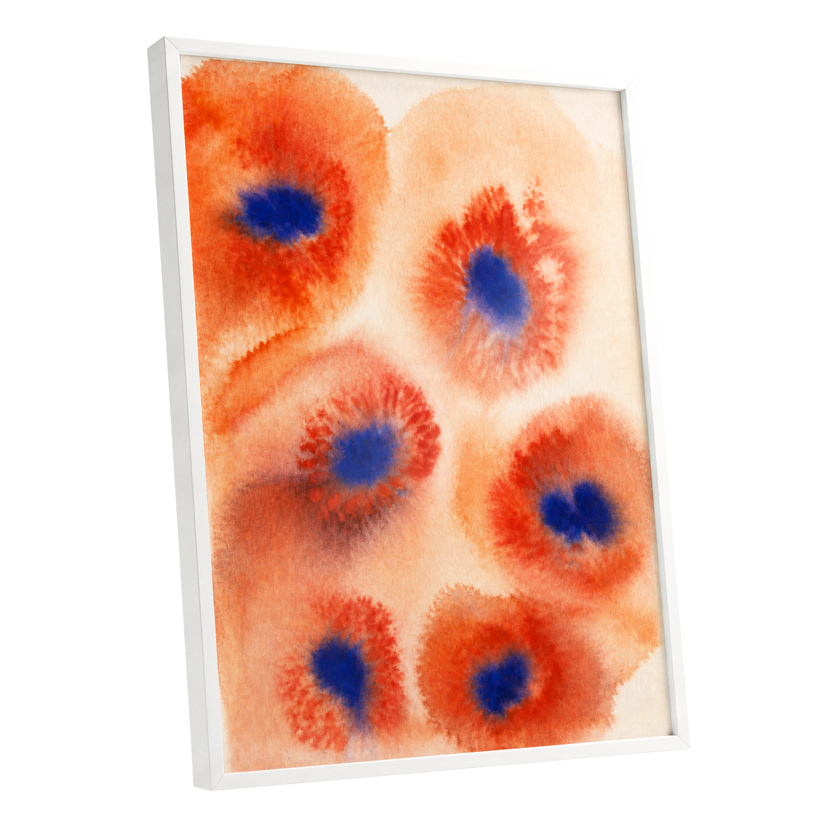Cobalt Bloom Drift, orange, red, blue floral wall art shown as a white framed poster wall art print