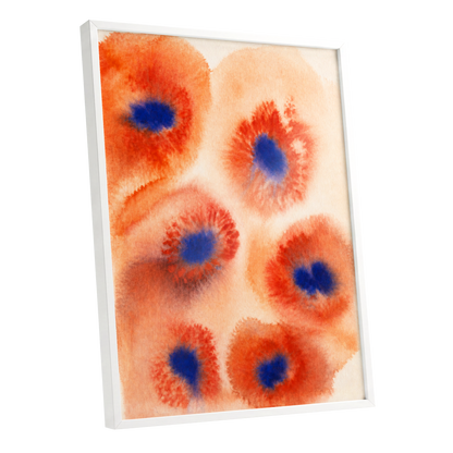 Cobalt Bloom Drift, orange, red, blue floral wall art shown as a white framed poster wall art print