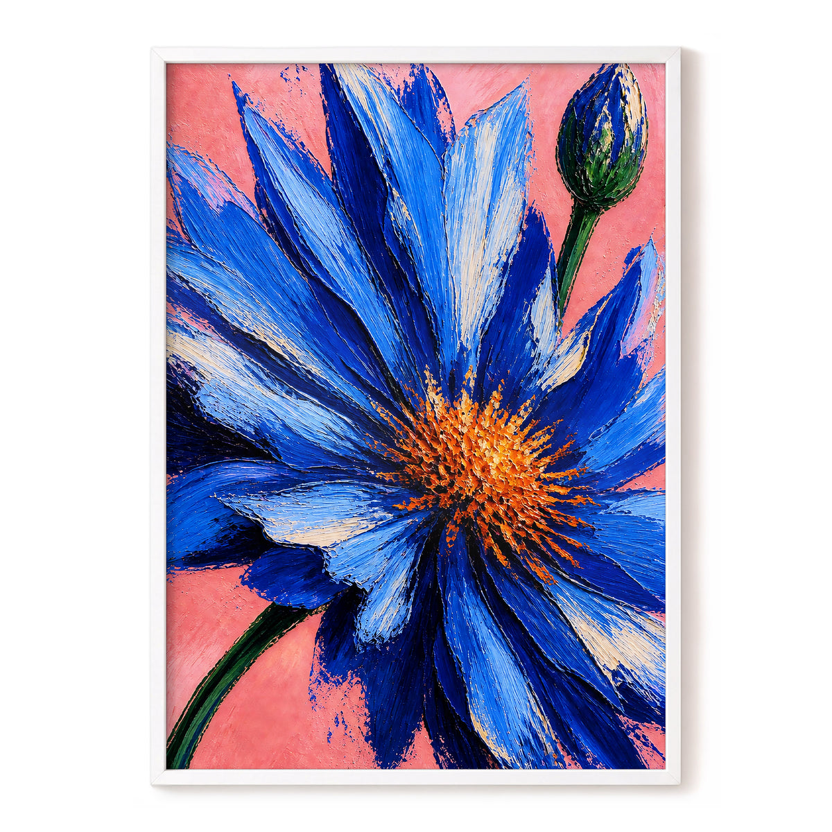 Cobalt Bloom, blue, pink, orange floral wall art, front artwork view
