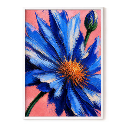 Cobalt Bloom, blue, pink, orange floral wall art, front artwork view